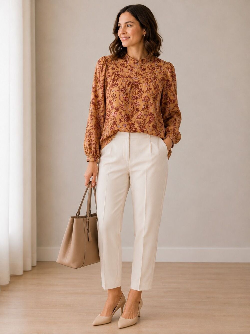 NWT Derek Lam 10 Crosby Floral Multicolor Blouse Size 6 Camel Metallic